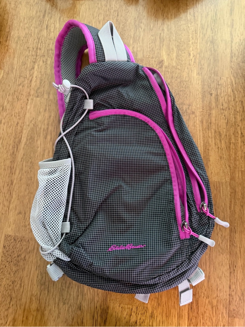 Eddie Bauer Lightweight Gray Sling Backpack with Pink Trim